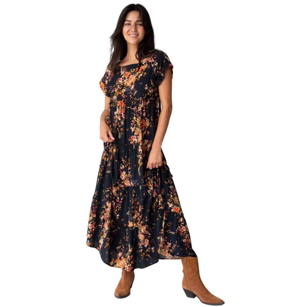 Natural Life Berkeley Navy Floral Red Flowers  Tiered Maxi Dress NWT Boho Rayon